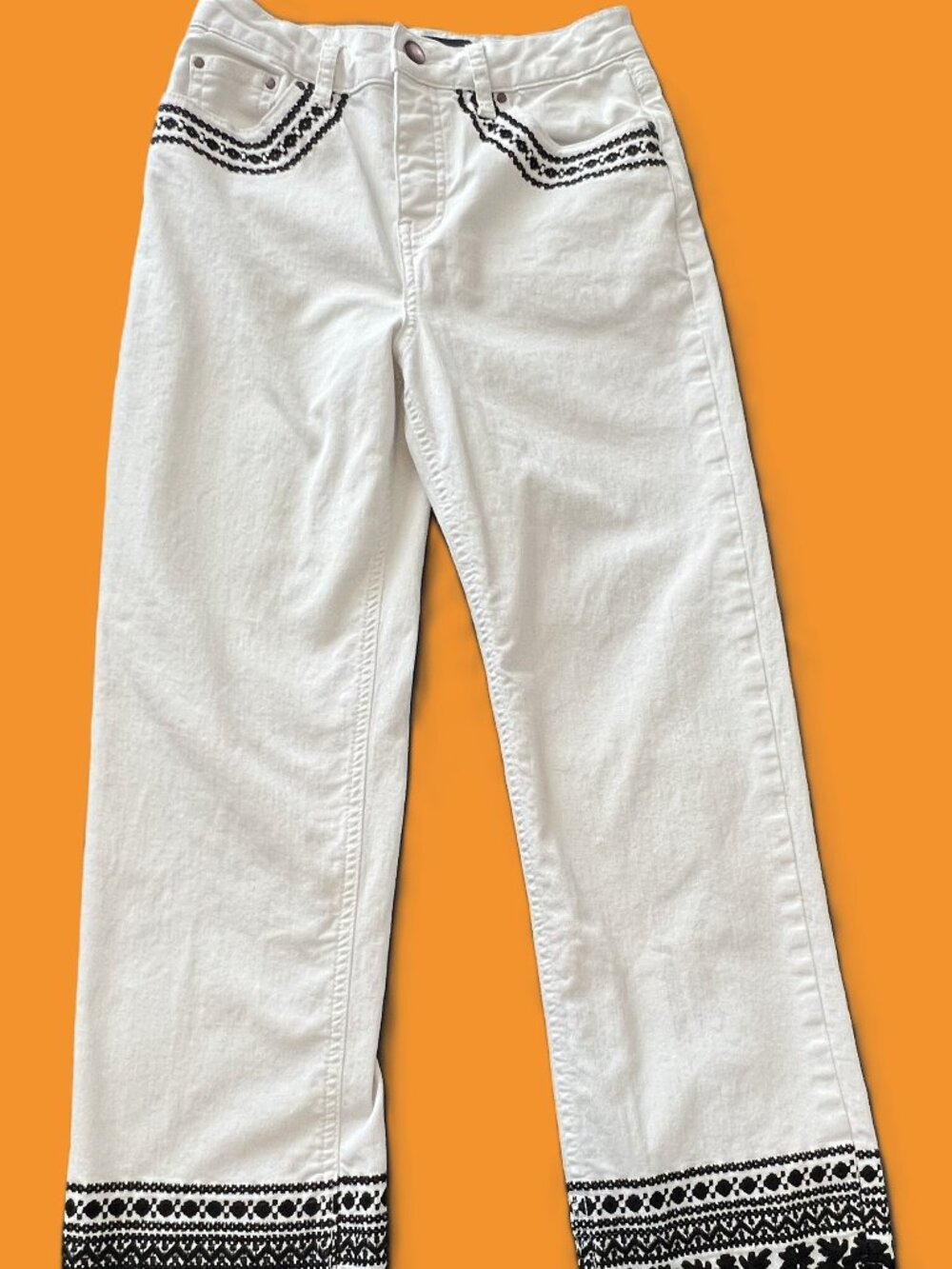 Boho Chic Folksy Boden White Embroidered Straight Raw Hem Button Fly Jeans Sz 6R